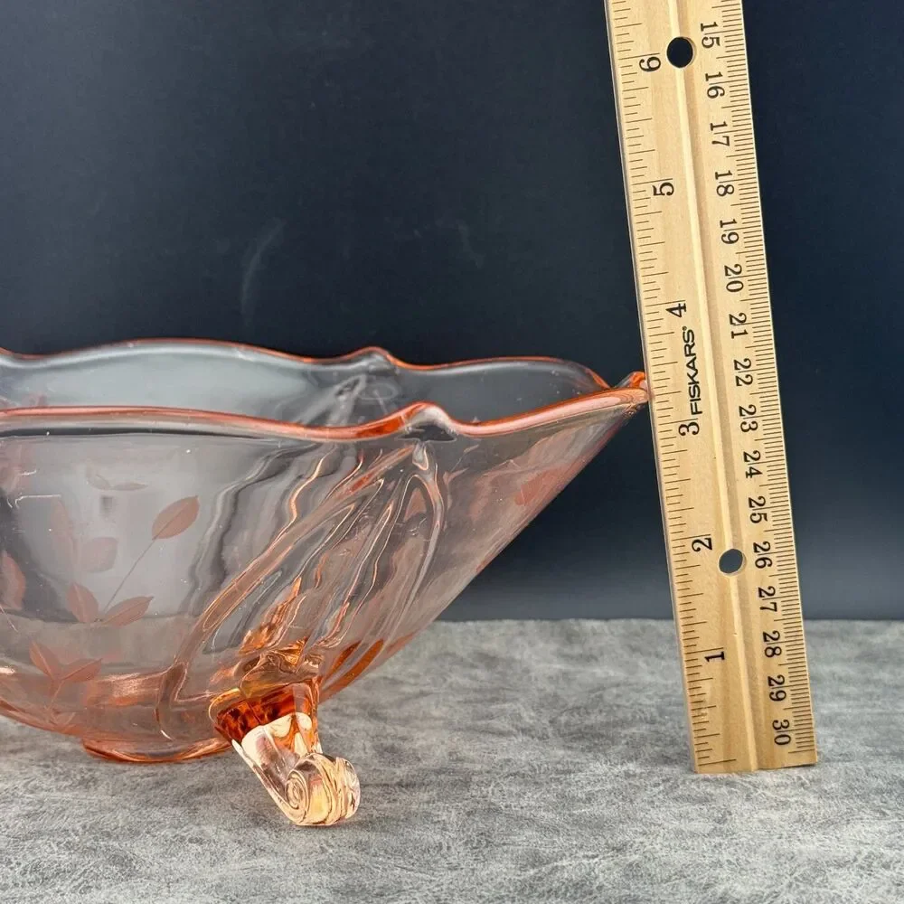 8.25 Footed Lancaster Jubilee Pink Depression Glass Floral Etched Bowl 1930s VTG